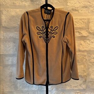 Tan Embroidered Sweater with Black Trim, Zipper -Women’s Small